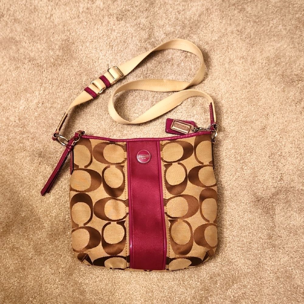 Coach Signature Stripe Crossbody Bag Fuschia Purple & Brown